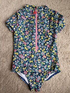 Mini Boden Floral Navy One-Piece Swimsuit with Pink Zipper